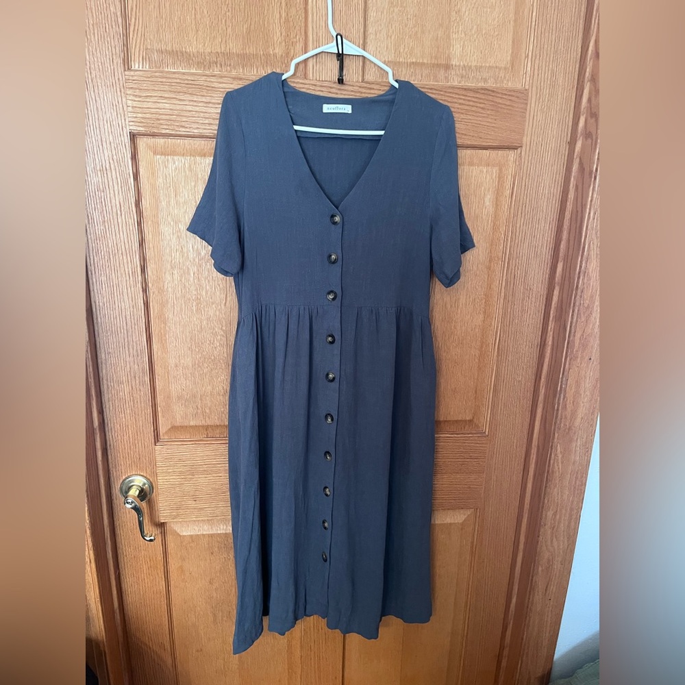 Button-Front V-Neck Midi Dress - Charcoal- Neuflora